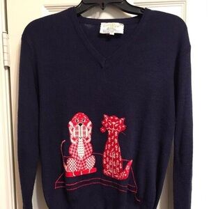 VINTAGE 60S 70S BLUE SWEATER CAT DOG ACRYLIC GRANNYCORE COTTAGE ANIMAL LOVER
